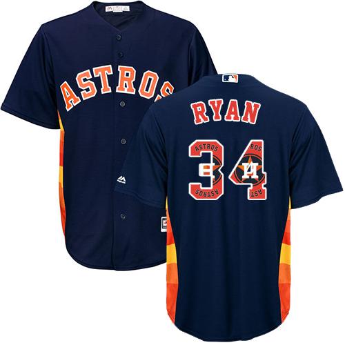 Astros #34 Nolan Ryan Navy Blue Team Logo Fashion Stitched MLB Jersey